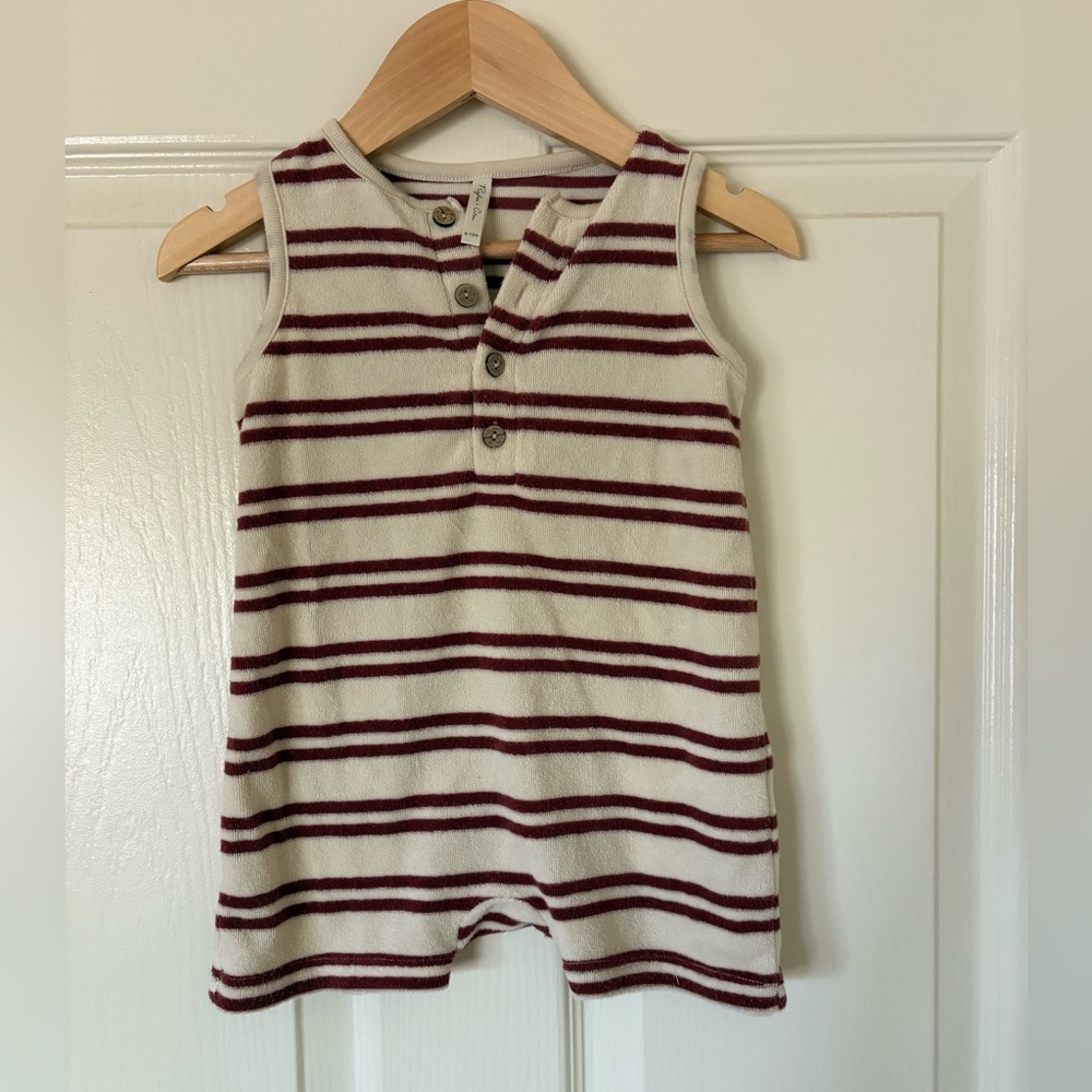 Rylee + Cru Cream Terry Romper with Burgundy Stripes 6-12 months